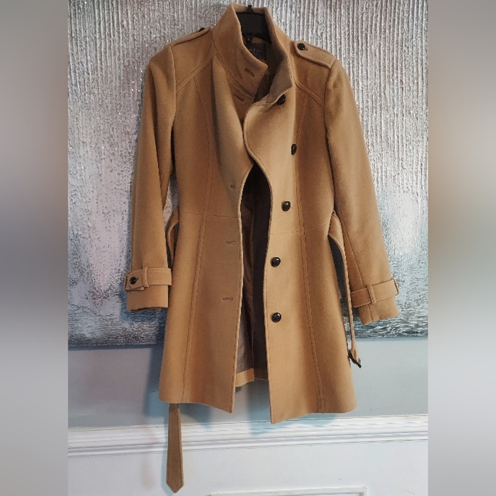 COLE HAAN Wool and Cashmere Blend Belted Tan Women's Coat Sz-8 - Picture 2 of 10